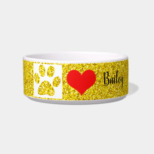 Gold Paw Prints Monograms Glittery Cute Red Heart Bowl