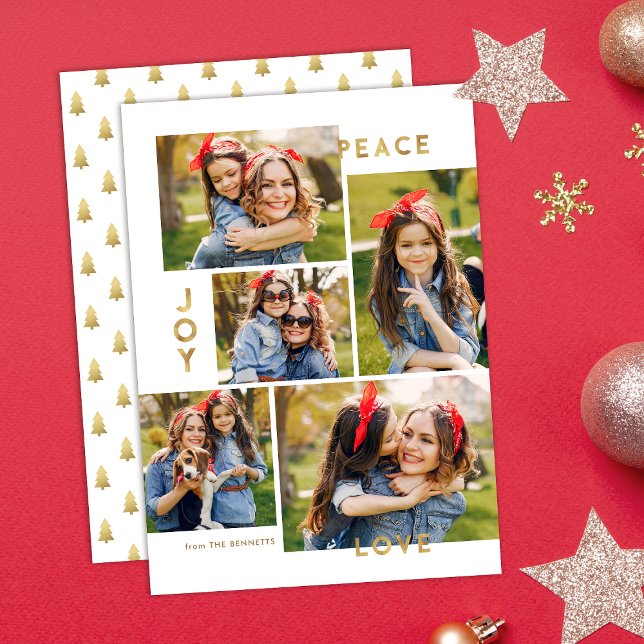 Gold Peace Joy Love 5 Photo Collage Christmas Holiday Card (Creator Uploaded)