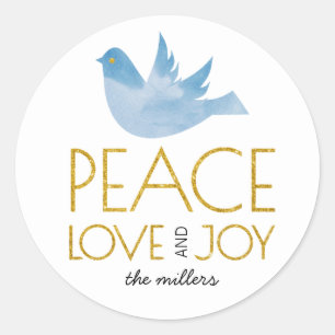Gold Peace, Love, Joy blue dove Christmas Classic Round Sticker