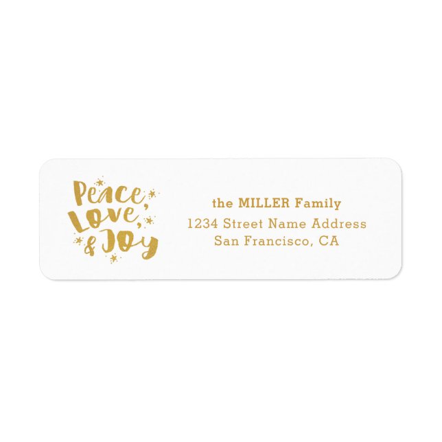 Gold Peace Love Joy Holiday Family Return Address Label (Front)