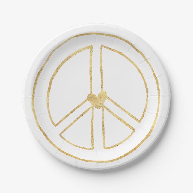 Gold Peace Sign Heart Birthday Paper Plate (Front)