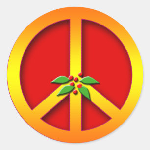 Gold Peace Sign with Holly Christmas Cards Classic Round Sticker