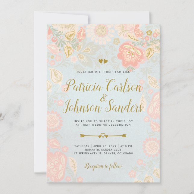 Gold Peach and Blush Spring Blooms Wedding Invitation (Front)