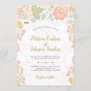 Gold Peach and Blush Spring Blooms Wedding Invitation