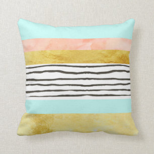 Gold Peach Blue Stripes Watercolor Pillow