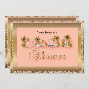 Gold & Peach Damask with Teddy Bears   Baby Shower Invitation