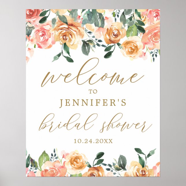 Gold Peach Floral Bridal Shower Welcome Poster (Front)