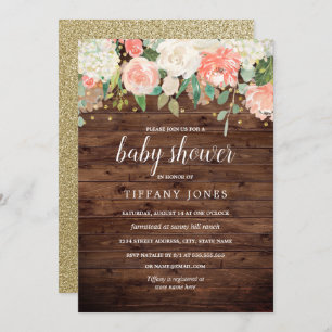 Gold Peach Floral Watercolor Wood Baby Shower Invitation