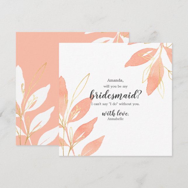 Gold & Peach Floral Will You be my Bridesmaid Invitation (Front/Back)