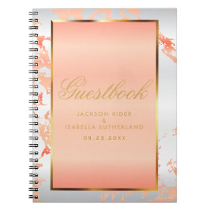 Gold, Peach Marble & White Satin - Guestbook Notebook