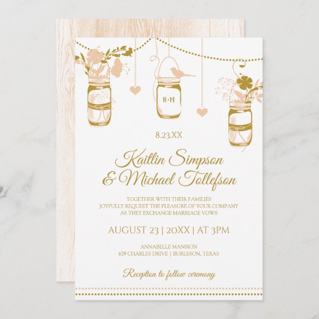 Gold & Peach Mason Jar Wedding Invitations | Wood (Front/Back)