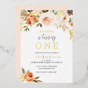 Gold Peach Orange Floral Girl 1st Birthday 