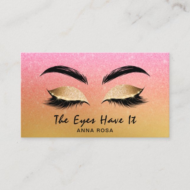 *~* Gold Peach Pink Girly Lashes Extensions Brows Business Card (Front)