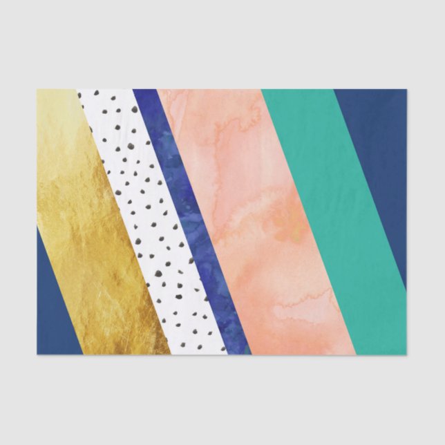 Gold Peach Teal Navy Dots Stripes Tissue Paper (Front)