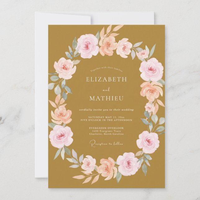 Gold Peach Wreath Wedding Invitation (Front)