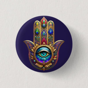 Gold Peacock Colors Hamsa Green Sapphire Third Eye 3 Cm Round Badge
