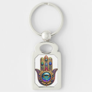 Gold Peacock Colors Hamsa Green Sapphire Third Eye Key Ring