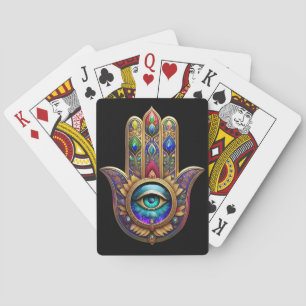 Gold Peacock Colors Hamsa Green Sapphire Third Eye Playing Cards
