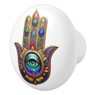 Gold Peacock Colours Hamsa Green Sapphire Third Ey Ceramic Knob