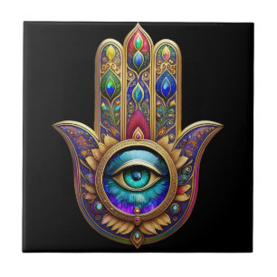 Gold Peacock Colours Hamsa Green Sapphire Third Ey Ceramic Tile