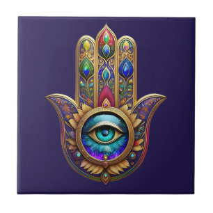 Gold Peacock Colours Hamsa Green Sapphire Third Ey Ceramic Tile