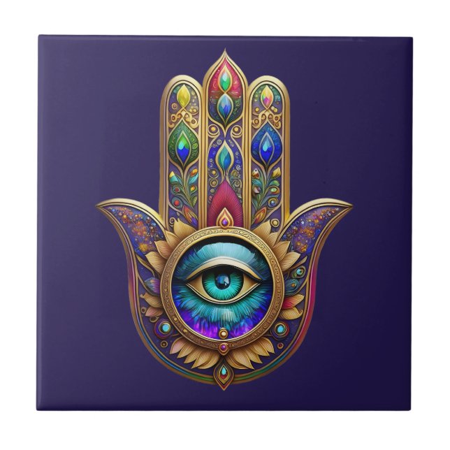 Gold Peacock Colours Hamsa Green Sapphire Third Ey Ceramic Tile (Front)