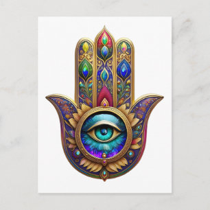 Gold Peacock Colours Hamsa Green Sapphire Third Ey Postcard