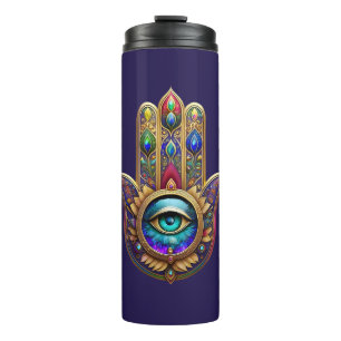 Gold Peacock Colours Hamsa Green Sapphire Third Ey Thermal Tumbler