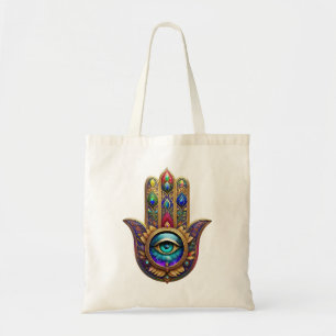 Gold Peacock Colours Hamsa Green Sapphire Third Ey Tote Bag