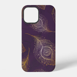 Gold peacock feather in violet background iPhone 12 case