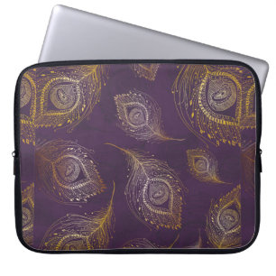 Gold peacock feather in violet background laptop sleeve