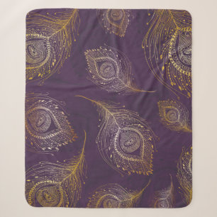 Gold peacock feather in violet background sherpa blanket