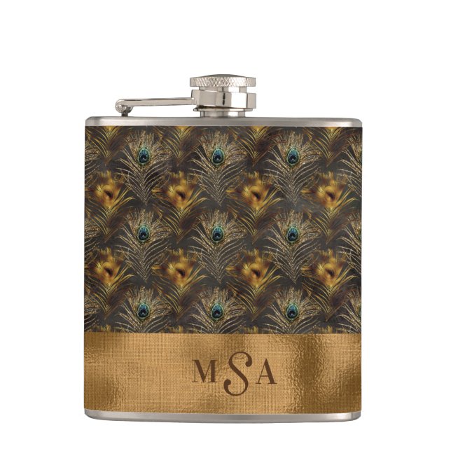 Gold Peacock Feather Monogram Elegant Personalised Hip Flask (Front)