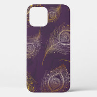 Gold peacock feather, violet background.