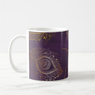 Gold peacock feather, violet background. coffee mug