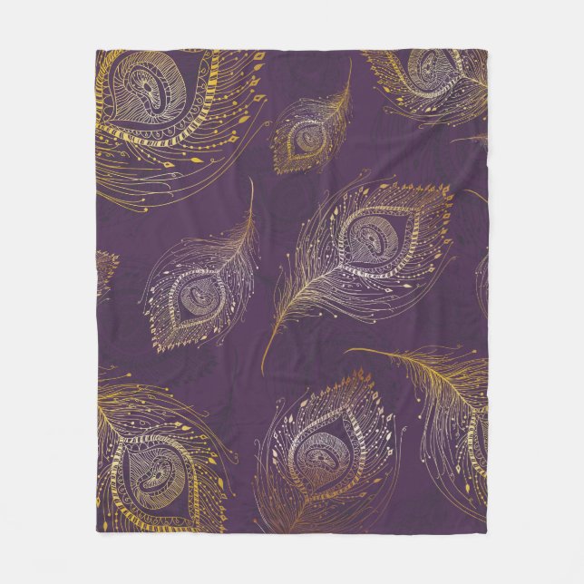 Gold peacock feather, violet background. fleece blanket (Front)