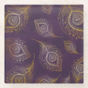 Gold peacock feather, violet background. glass coaster