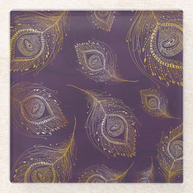 Gold peacock feather, violet background. glass coaster (Front)