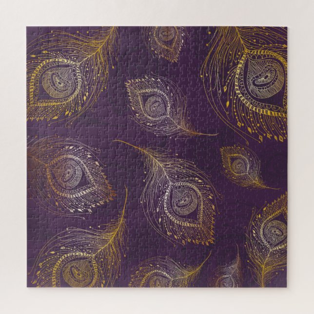 Gold peacock feather, violet background. jigsaw puzzle (Vertical)