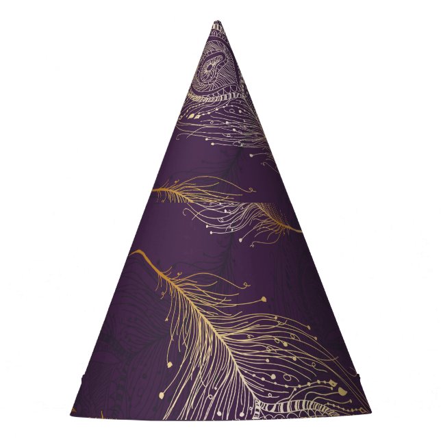 Gold peacock feather, violet background. party hat (Front)