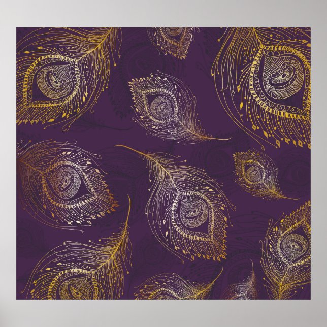 Gold peacock feather, violet background. poster (Front)