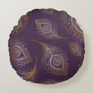Gold peacock feather, violet background. round cushion