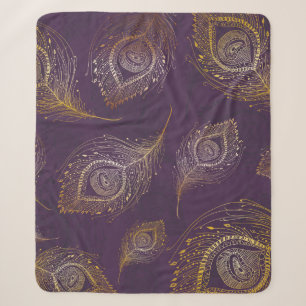 Gold peacock feather, violet background. sherpa blanket