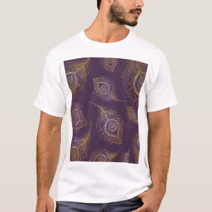 Gold peacock feather, violet background. T-Shirt