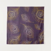 Gold peacock feather, violet background.