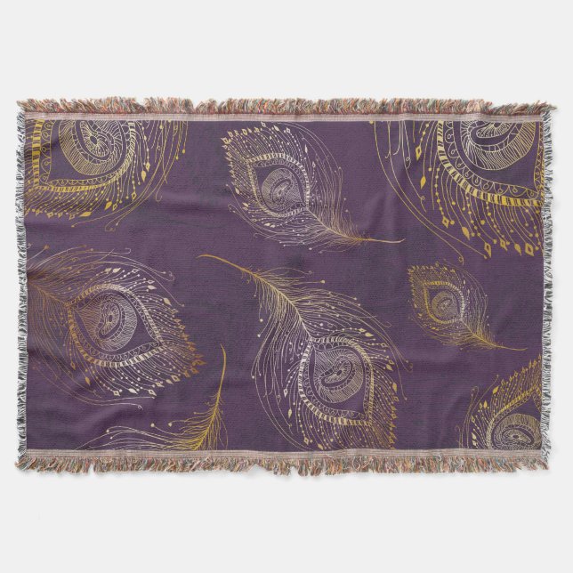 Gold peacock feather, violet background. throw blanket (Front)