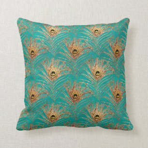 Gold Peacock Feathers on Aqua Cushion