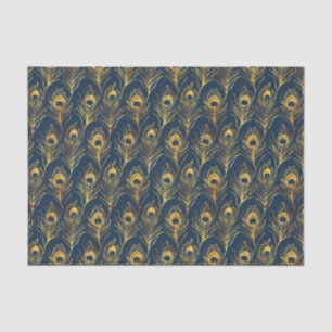 Gold Peacock Feathers on Blue Patterned Decoupage Tissue Paper