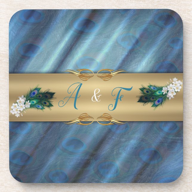 Gold, Peacock Feathers  on Emerald Green Silk Coaster (Front)