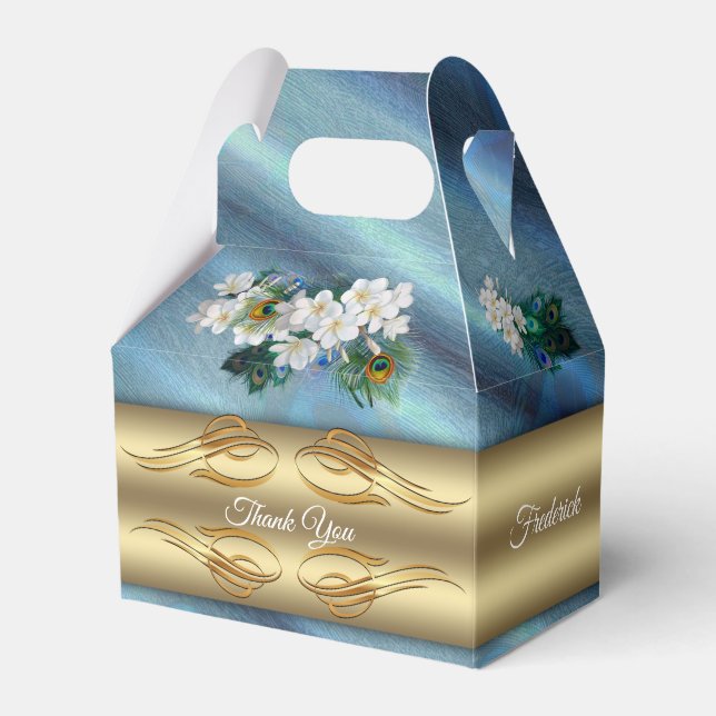 Gold, Peacock Feathers on Emerald Green Silk Favour Box (Front Side)